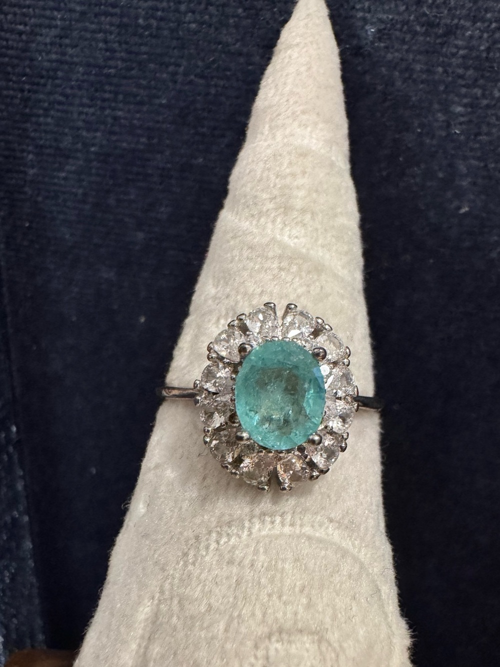 S925 emerald oval 1ct ring halo vintage size 6.75 7 sterling silver